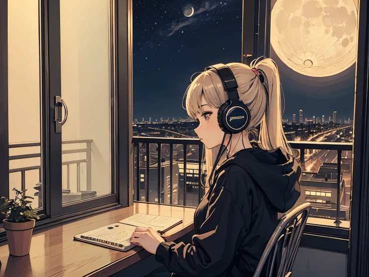 1 girl, 90s anime style, night, Balcony of the apartment、 moon, Girl with headphones, late night ベランダ, listen to music alone, city pop, low quality, Lo-Fi, Chill, late night, Balcony of a single room, dark room, futuristic night view outside the window, 