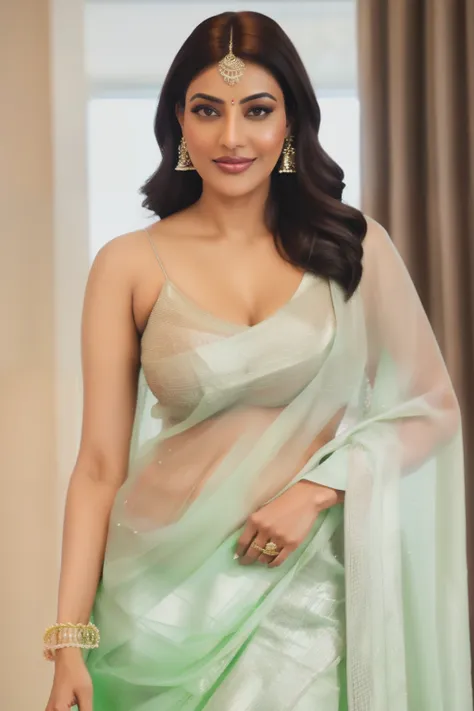 indian woman with nig breasts wearing transparent saree and blouse