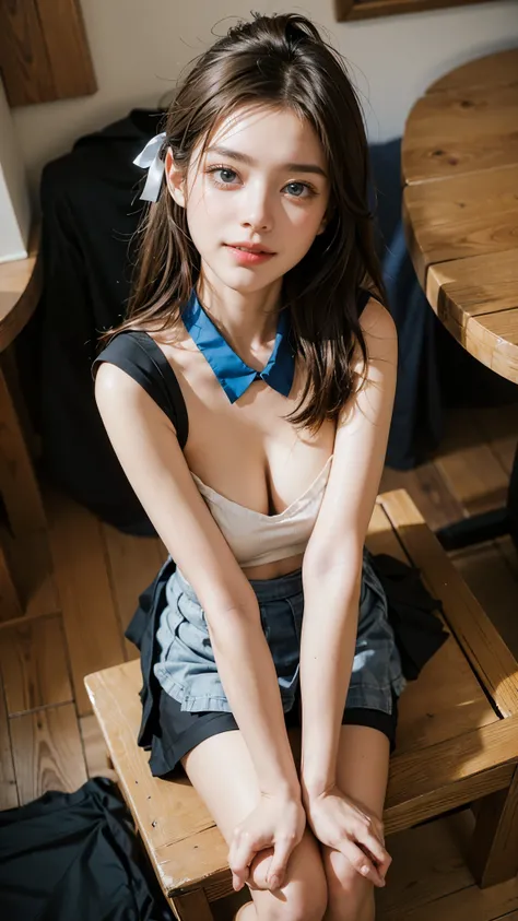  best quality,  Ultra high resolution 8k camera shooting ,(( portrait of a person sitting with legs aligned :1.4)), ((Realistic:1.6)), (( blue eyes)),(( Shining Smile )),  RAW photo,((Realisticな美肌)),((miniskirt with black shirt collar:1.4)),((  Soft Breast...