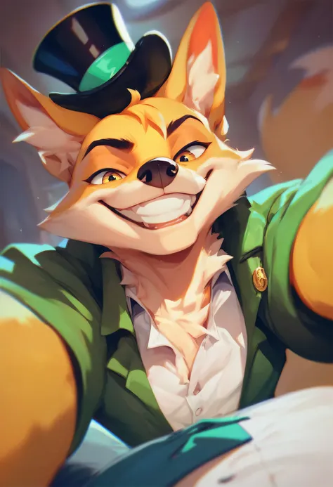 furry, yellow fox, big smile, green jacket, top hat, pov