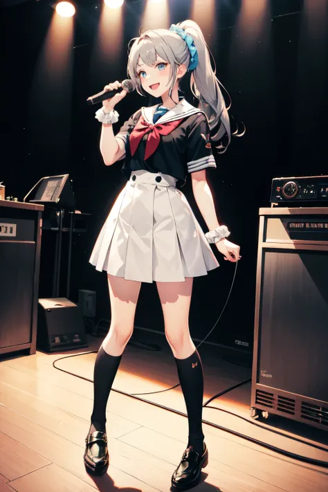 ちびキャラ 22yo Karaoke Box
school uniform gray hair
 high ponytail  full body scrunchie palm
solo focus 1girl solo big smile
round face eyelids eyeshadow Skyblue eyes small nose  