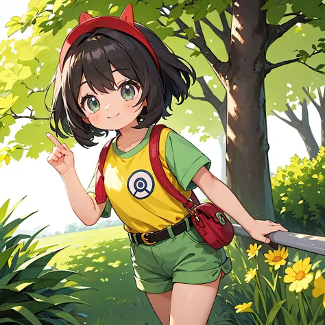 masterpiece,  is the best quality,  high resolution, peaceful 1,  1 girl at home, peaceful 1,  1 girl at home, peaceful ( Pokemon),  alone,  grey eyes ,  dark hair , green  shorts, Red headdress, shirt, tied shirt,, Short hair, Short sleeve,  shorts, strip...