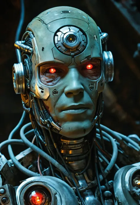 Create a highly realistic and detailed scene showing a cyborg with aged human features lying in a dark junkyard.  The cyborgs face is partially covered by human skin, aged and cracked, revealing metallic and mechanical parts underneath.  Its eyes glow inte...