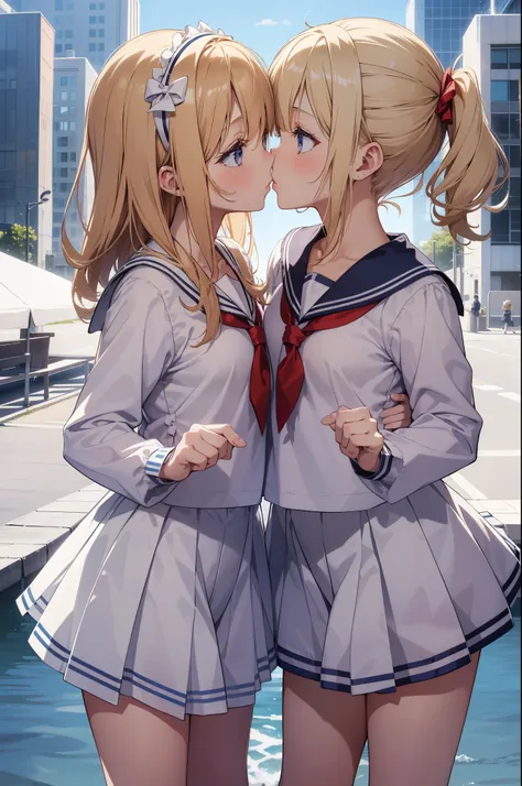 There are two girls. kissing each other, loving each other, One is tiny girl, with blonde bob hair, bright eyes, and a hair accessory, Underwear with white ruffles. sailor suit, She has an innocent and petite appearance, radiating cuteness.
all-fours、doggy...