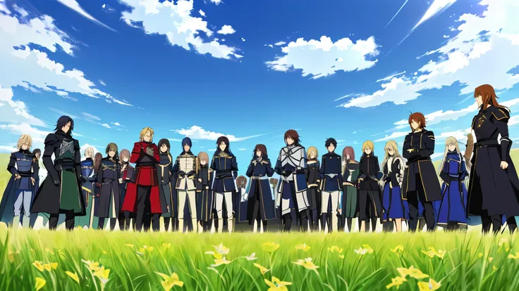 a group of knights standing in a field with a sky background, popular isekai anime, knights, sao style anime, boromir in an anime world, arknights, fate/zero, fate zero, aragorn in an anime world, anime style like fate/stay night, fire emblem three houses,...