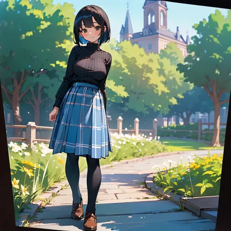 ( High Quality ,  high definition , Very detailed, reality:1.37), Peaceful atmosphere, (Outdoor, garden),  teenage girl standing alone, (My breasts are large.), Beautiful details,  cute smile with blush, (Black Bob), Ribbed sweater,  blue plaid skirt, Blac...