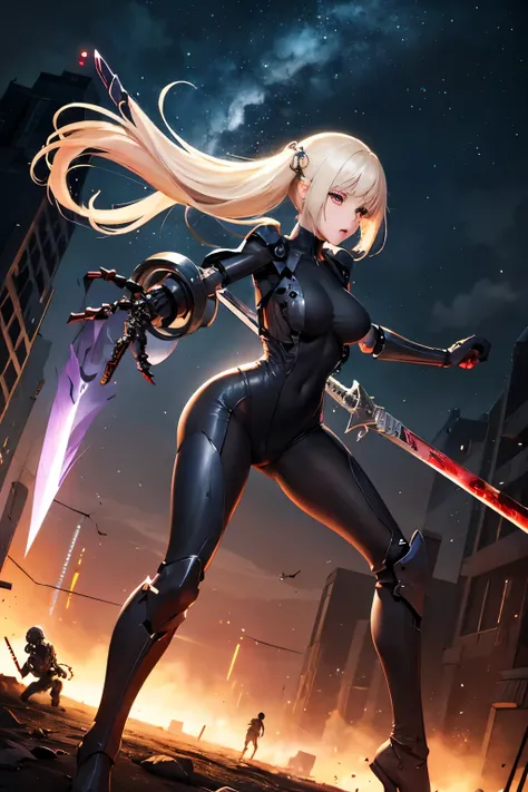 Adult female、Alone、Black skeleton、Machine skeleton、Mechanical Limbs、Machine Joints、Tubing that connects to the cervical spine 、 platinum blonde、 long hair、Blood droplets、 pitch bodysuit、Claymore、Great Sword、 boots、Night sky 、Cool colors、 Fantasy Illustrati...