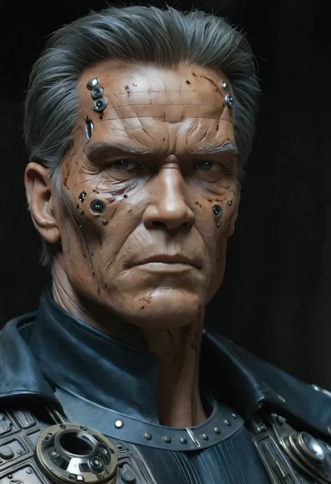 create a realistic, high-resolution scene showing an aging terminator character lying in a junkyard.  he is visibly worn, with h...