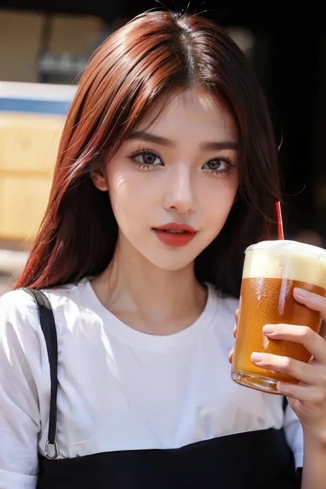 "A very beautiful girl，The face of youth，radiantsmile，red tinted hair，Flaming red lips，Raised sexy，Oversized T-shirt，Riman，holding a beer mug，Beer in both hands，drink🍺，solo，1 girl in the Xinhua national wind（tmasterpiece，The best picture quality，ultra - de...