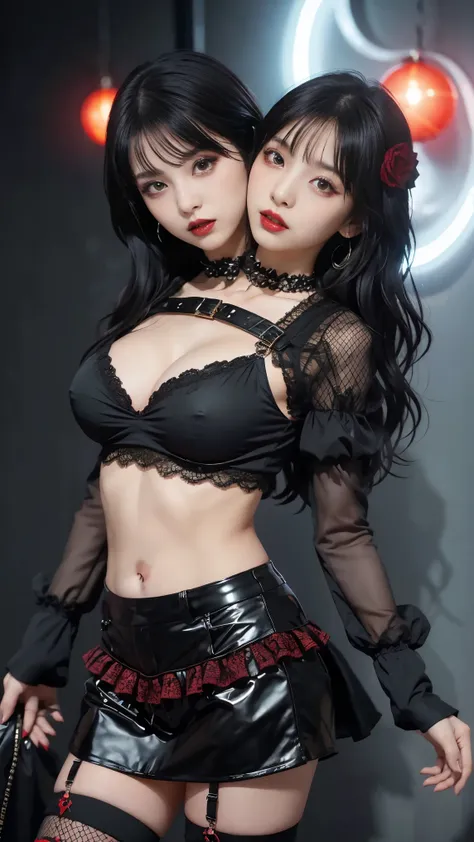  Vampire idol in punk gothic style.、 big and full breasts 、beautiful foot、、、good style、、、Gothic punk lolita black and red fashion（、a miniskirt）、、、Black hair with red mesh .、 absolutely enchanting {x}、fresh expression、 Illuminated by a red bulb , united_dic...