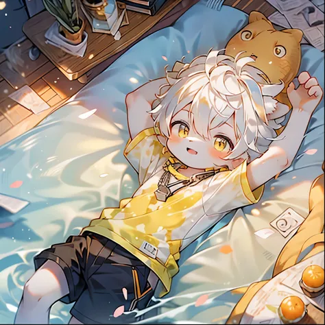 Fox Boy，furry boy， toddlers， white hair，Yellow skin，White Arm，Short sleeve，