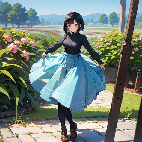 ( High Quality ,  high definition , Very detailed, reality:1.37), Peaceful atmosphere, (Outdoor, garden),  teenage girl standing alone, (My breasts are large.), Beautiful details,  cute smile with blush, (Black Bob), Ribbed sweater,  blue plaid skirt, Blac...