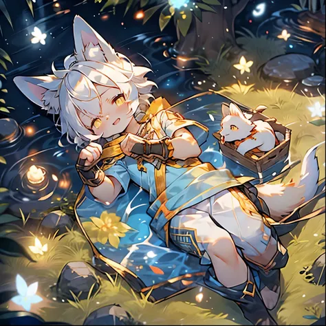 Fox Boy，furry boy， toddlers， white hair，Yellow skin，White Arm，Short sleeve，Norse mythology