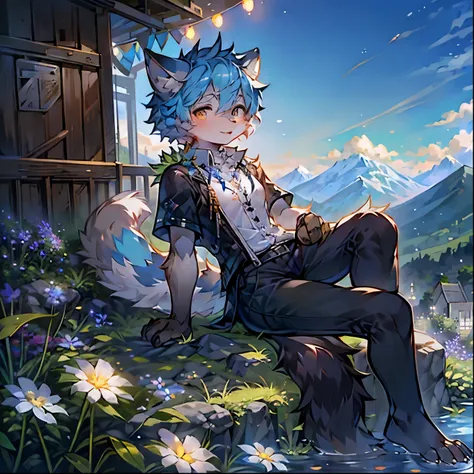 professional photos of a wolf among flowers, mountains in background 