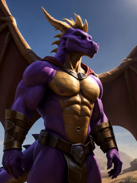 muscular male dragon, spyro, chad, bare chest muscles, medieval hero, adult, large, heroic pose, medieval fantasy, 2 horns, 2 wi...