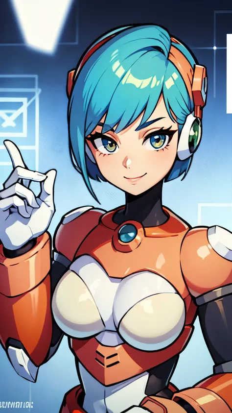 1 girl, robot, Metallic face,  blue hair, Short bob hair, cute face, smiling,  golden eyes, , thin frame