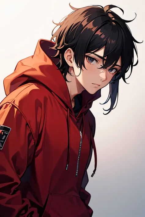 Tall handsome boy, with black messy hair, black eyes, detailed ,vtuber model, cute boy, wearing red hoodie, cool lighting