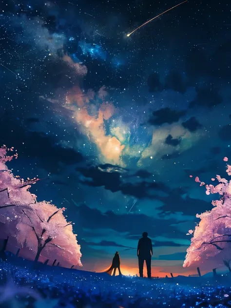      man and woman hugging each other ,     girl in clothes staring at the stars in the distance  , (zoomed out:1.3), (Meteor Shower:1.2), (comet:1.1), your name, Low Angle,          from behind,          aurora         ,    shooting stars,  cherry blossom...