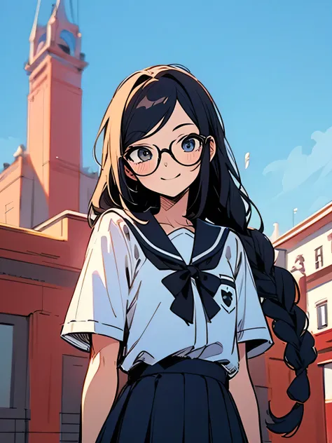 solo,upperbody,black single braid,parted bangs,smile,glasses,japanease school uniform,mini skirt,blue sky,town road,(manga style),(sketch),(illustration),