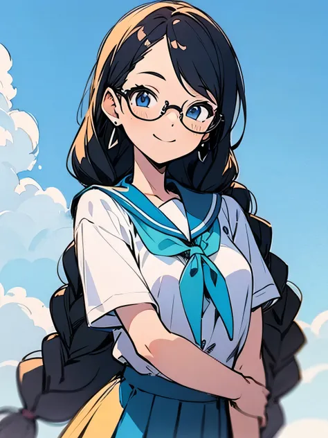 solo,upperbody,black single braid,parted bangs,smile,glasses,japanease school uniform,mini skirt,blue sky,town road,(manga style),(sketch),(illustration),