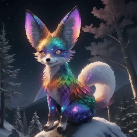  painting of a mythical fox spirit with sparkling rainbow scales, with glowing eyes , looking at the viewer on a cliff ,  snowy forest in the background — a masterpiece ,  better quality,  high quality,  High resolution,  ultra-detailed 