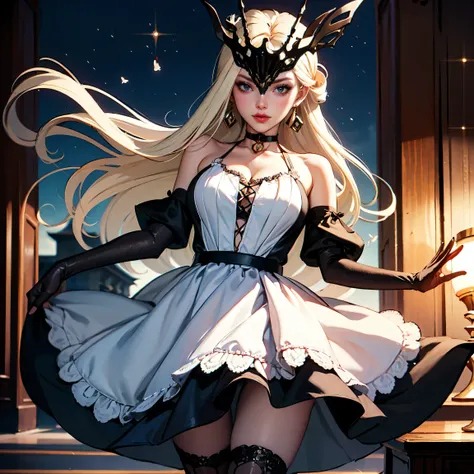 1girl, black maid dress, jewelry, blonde hair, flowing hair, long hair, black maid dress with a short skirt and layers, maid dress, maid, white maid apron, maid headdress, maid, mask, black boots, black dress with transparency, gold details on her clothes,...