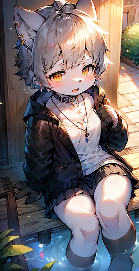 Wolf Girl，furry girl， Female Toddler Characteristics ， gray hair， black jacket ，Short skirt，Earrings， Necklace Bone Collar，