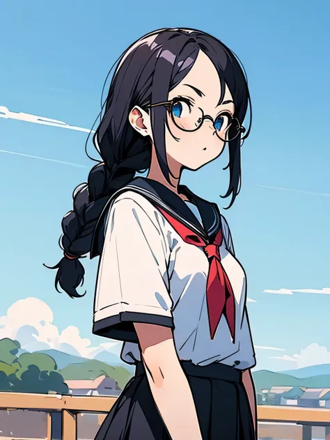 solo,upperbody,black single braid,parted bangs,serious,glasses,japanease school uniform,mini skirt,blue sky,town road,(manga style),(sketch),(illustration),