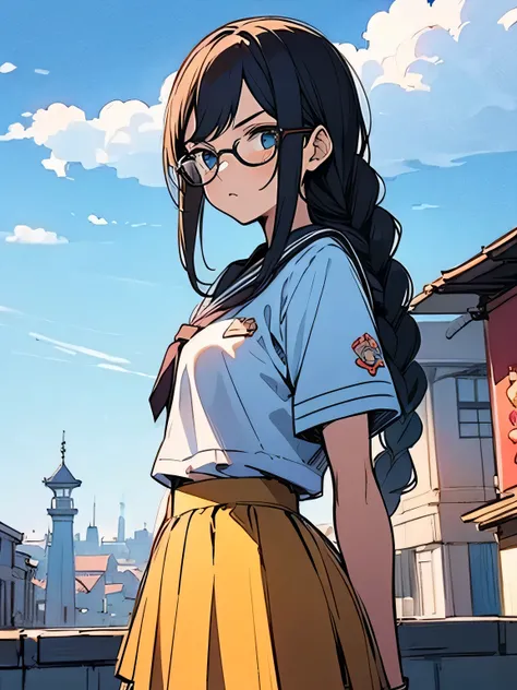 solo,upperbody,black single braid,parted bangs,serious,glasses,japanease school uniform,mini skirt,blue sky,town road,(manga style),(sketch),(illustration),