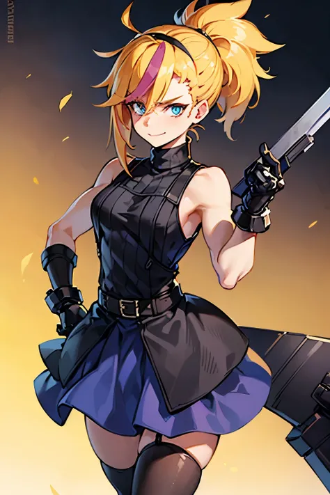 (masterpiece, best quality:1.2), Blue  glowing eyes, perfect face, highres, 1 girl, solo, ultra long ponytail, (female:1.5), strife, blonde hair, shoulder armor, sleeveless turtleneck, suspenders, belt, gloves, bracer, evil smile, standing, portrait, looki...