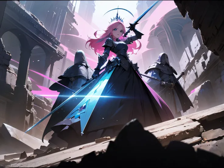 4k,hight resolution,One Woman,pink hair,Longhaire,blue eyes,knights surrounding her,white sacred armor,jewel decorations,Big sword,medieval town,furious,((dark cave,ruin place)),dynamic pose,dynamic angle,