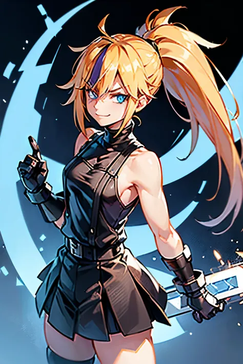 (masterpiece, best quality:1.2), Blue  glowing eyes, perfect face, highres, 1 girl, solo, ultra long ponytail, (female:1.5), strife, blonde hair, shoulder armor, sleeveless turtleneck, suspenders, belt, gloves, bracer, evil smile, standing, portrait, looki...