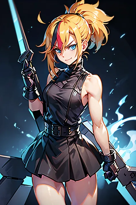 (masterpiece, best quality:1.2), Blue  glowing eyes, perfect face, highres, 1 girl, solo, ultra long ponytail, (female:1.5), strife, blonde hair, shoulder armor, sleeveless turtleneck, suspenders, belt, gloves, bracer, evil smile, standing, portrait, looki...