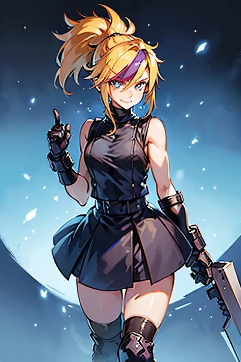 (masterpiece, best quality:1.2), Blue  glowing eyes, perfect face, highres, 1 girl, solo, ultra long ponytail, (female:1.5), strife, blonde hair, shoulder armor, sleeveless turtleneck, suspenders, belt, gloves, bracer, evil smile, standing, portrait, looki...