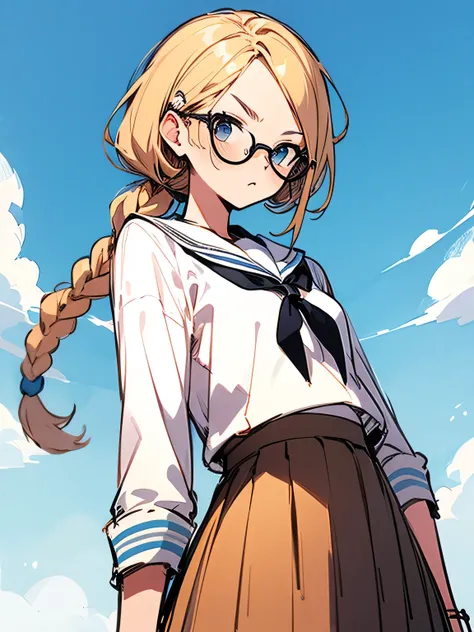 solo,upperbody,bonde single braid,parted bangs,serious,glasses,japanease school uniform,mini skirt,blue sky,town road,(manga style),(sketch),(illustration),