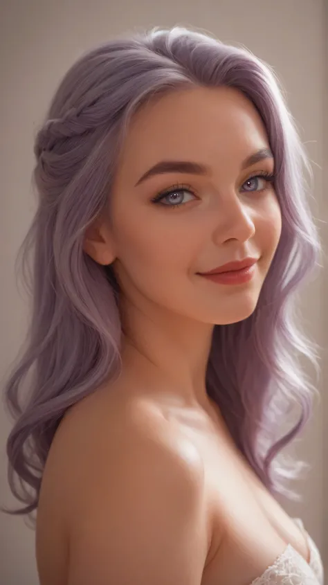 Create a realistic headshot of a sexy 25-year-old woman with striking beauty and light purple hair. Her hair is soft, wavy, and cascades gracefully around her shoulders, with natural highlights catching the light to emphasize the pastel tones. She has smoo...