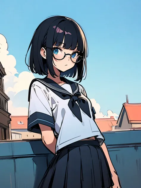 solo,upperbody,black medium hair,blunt bangs,serious,glasses,black japanease school uniform,mini skirt,blue sky,town road,(manga style),(sketch),(illustration),