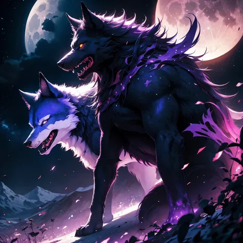 Under a fantastic night sky filled with vibrant colors such as deep purples, blues, and subtle pinks, constellations form a landscape of mythical creatures and stories. The phantom beast Fenrir howls at the moon.