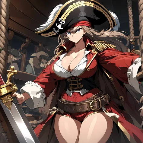 Anime, high detailed, a girl, pirate, pirates clothes, pirate hat, pirates sword, serious, ample bosom, cleavage, curvy body, in a pirate ship