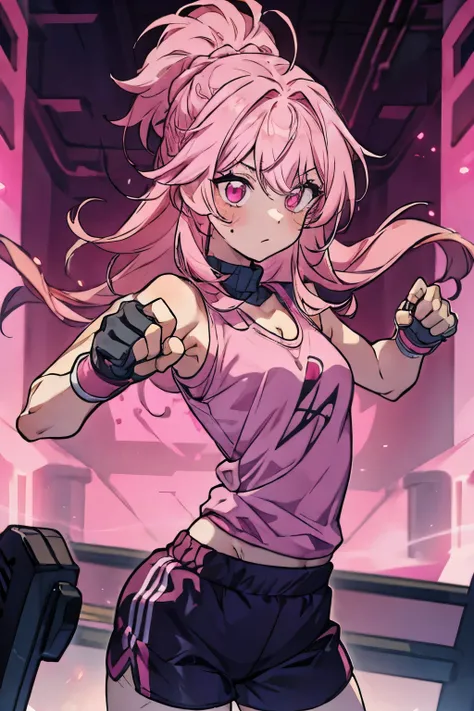 woman in a gym, top, shorts, well defined body, pink hair, pink eyes, long and messy hair, braids, fingerless gloves, ultra detailed body, cute pose, lovely