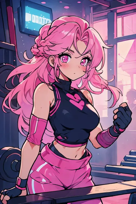 woman in a gym, top, shorts, well defined body, pink hair, pink eyes, long and messy hair, braids, fingerless gloves, ultra detailed body, cute pose, lovely