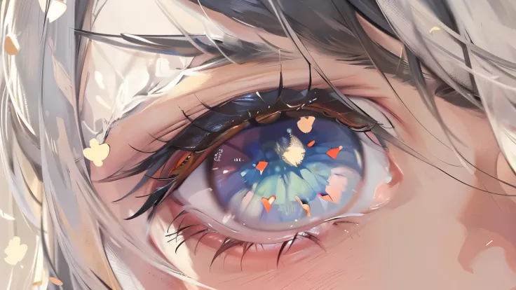 A close-up anime-style illustration of a characters face, shown in profile view from the right side. The focus is on their large, expressive eyes with vibrant black irises featuring intricate reflections, highlights, and detailed eyelashes. The left eye is...