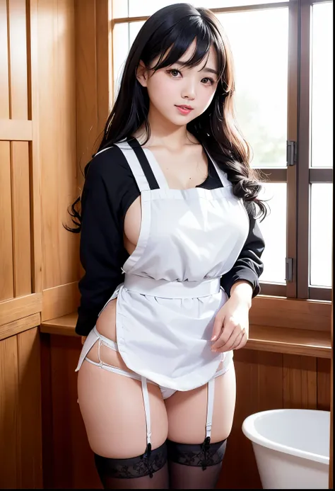 (Highest quality,masterpiece:1.3,Ultra-high resolution),(Very detailed、Caustics) (Realistic:1.4, RAW shooting、)Ultra-Realistic Capture、Very detailed、Natural skin texture、masterpiece、(Japanese elementary school girl wearing a wet, transparent white apron, b...