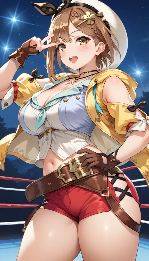 high resolution, (mixed wrestling), girl victory, ,     Atelier Ryza    , (mesugaki), the girl is young,  the girl has big breasts, (thin waist), big butt, and plump thighs, Thin arms、slender body, (the girl is cute), brown hair, straight short Hair, (Liza...