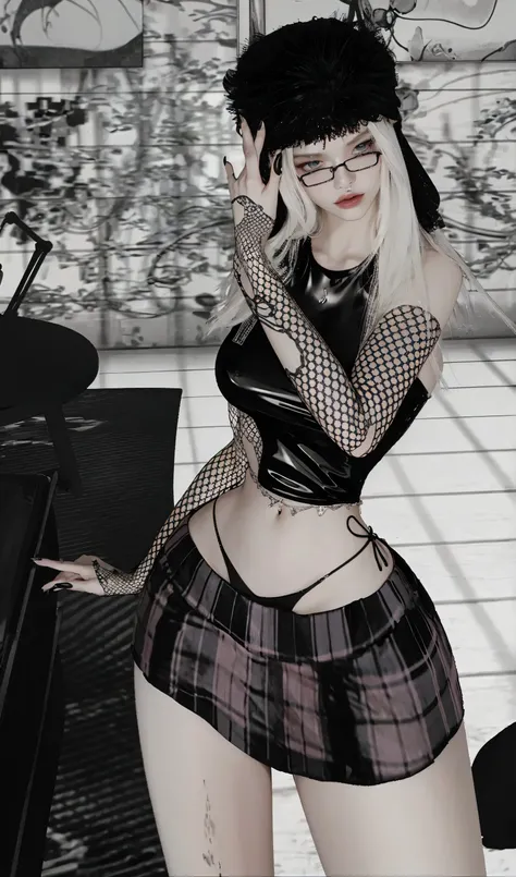      detailed and pale skin   ,  woman with an evil look coming out dressed in a mini skirt and leather shirt with fishnet net in her hands,  marked abdomen 