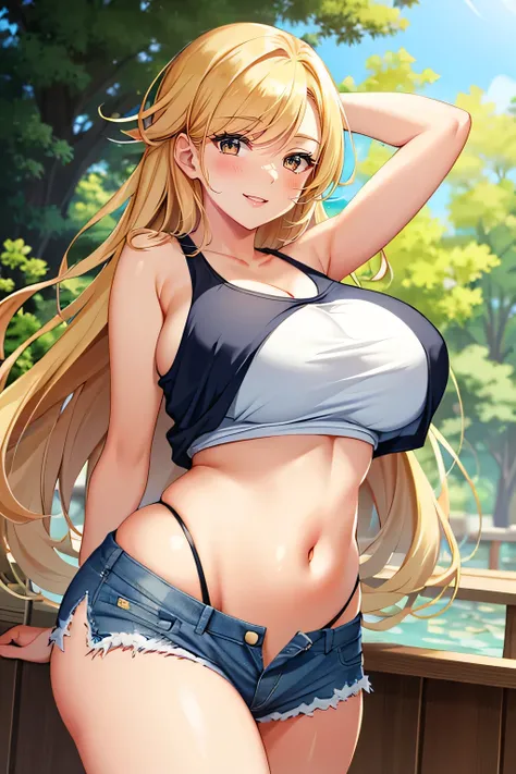 (masterpiece:1.2), (best quality:1.2) 1girl, blush, large breasts, smile, long eyelashes,  tanktop, sagging breasts, soft belly, wide hips, arms on hips,