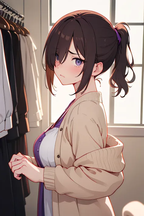 (best quality, masterpiece, high resolution:1.1),hyper detail,high detailed anime, natural light, natural shadow, (frowning face:0.95),brown ponytail, in fitting room, cat girl,
, large beautiful breasts, deep purple dress, white cardigan,(hair over eye:1....