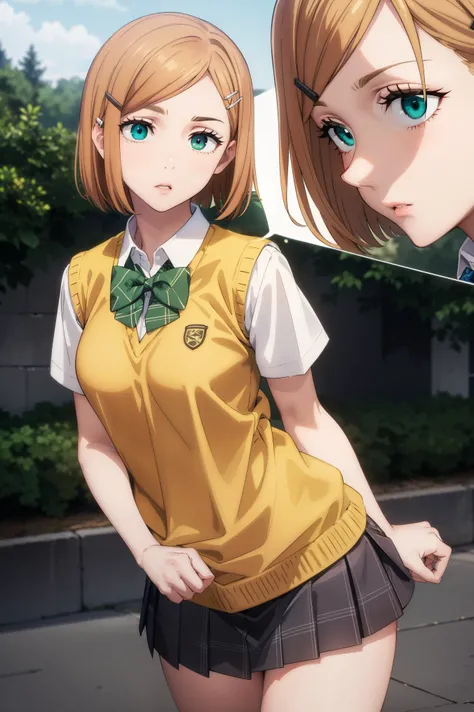 Nobara,
BREAK ((hairclip, green bowtie, yellow sweater vest, white shirt, short sleeves, green miniskirt, plaid:1.5)),
BREAK standing, looking at viewer, outdoors, castle,
BREAK (masterpiece:1.2), best quality, high resolution, unity 8k wallpaper,NSFW ,(i...