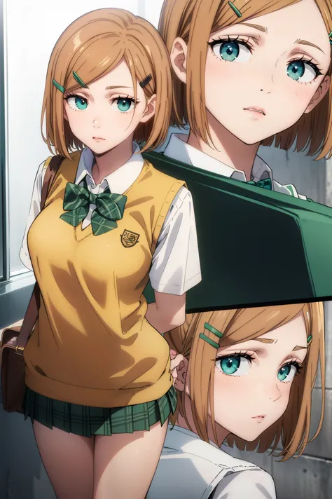 Nobara,
BREAK ((hairclip, green bowtie, yellow sweater vest, white shirt, short sleeves, green miniskirt, plaid:1.5)),
BREAK looking at viewer, oudoors,
BREAK (masterpiece:1.2), best quality, high resolution, unity 8k wallpaper,NSFW ,(illustration:0.8), (...