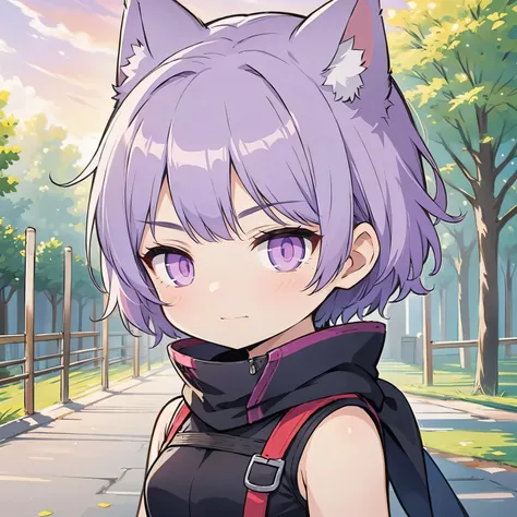  girl female warrior face, Short hair, cat ears, Low-saturated purple hair,  black eyes, Greek Female Warrior Outfit ,  face-oriented expression , Detailed expression , Natural background, Deep in the woods, tree, cloud, Sunset,  Im looking at the audience...